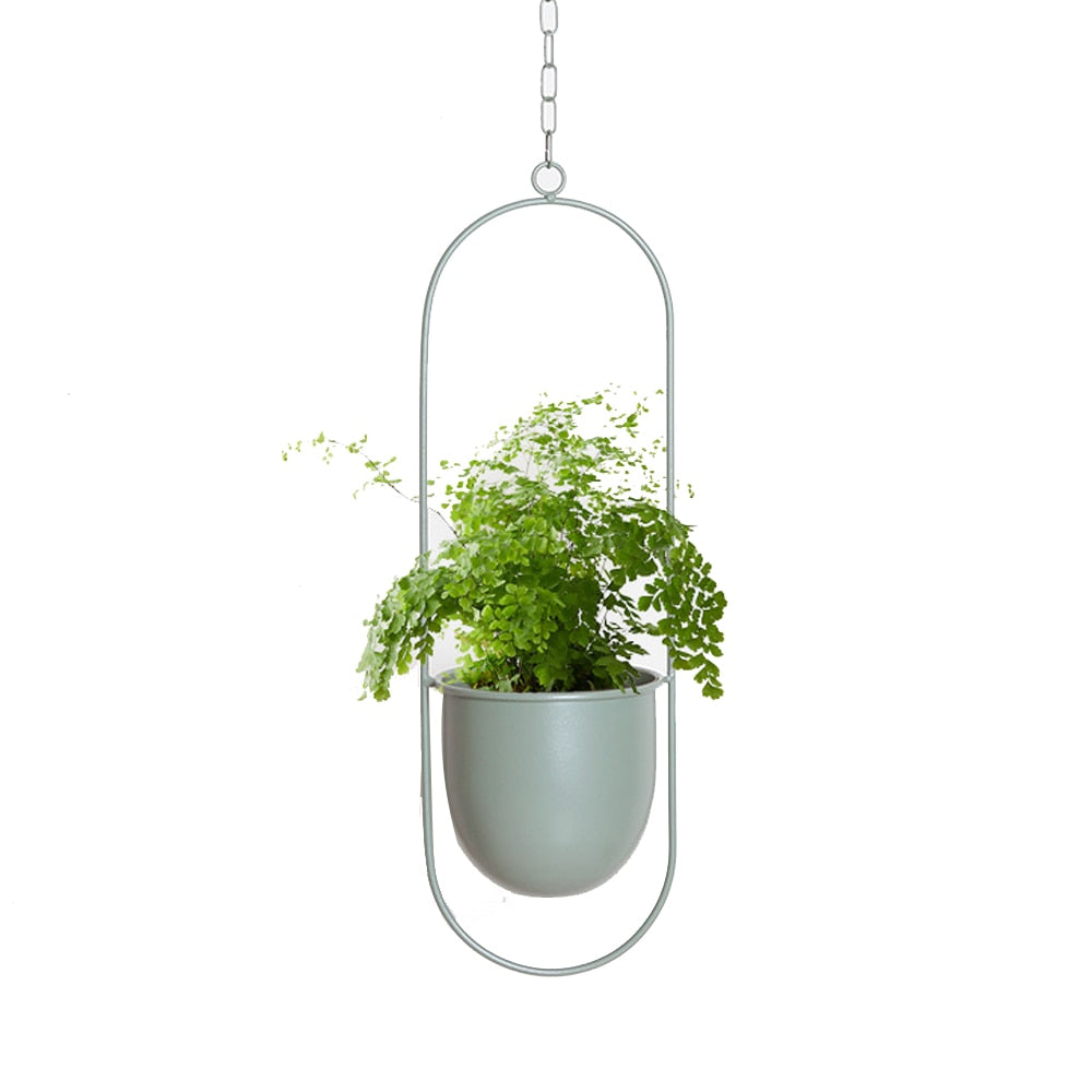 Trish n Bobs Pots & Planters Green Oval Metal Chain Hanging Flower Pot