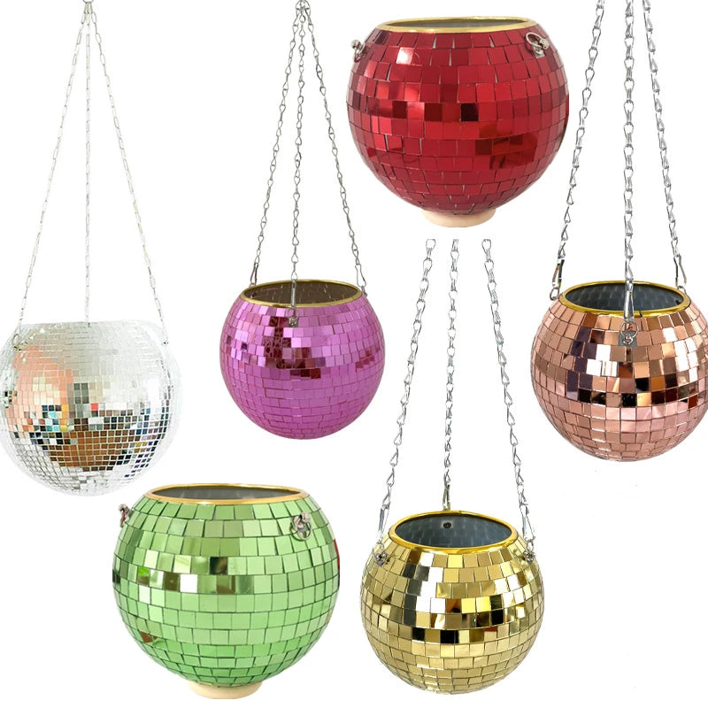 Disco Ball Hanging Planter - Boho Mirror Flower Pot for Indoor Plants