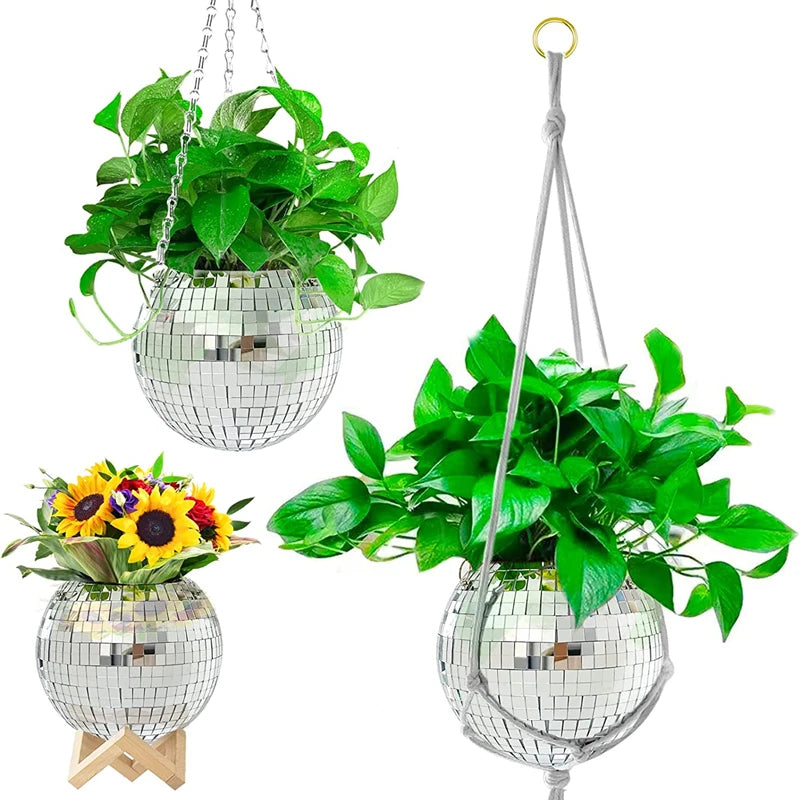Disco Ball Hanging Planter - Boho Mirror Flower Pot for Indoor Plants