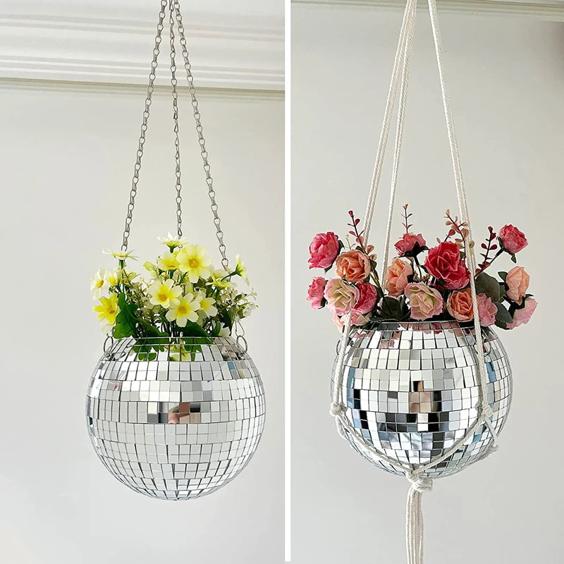 Disco Ball Hanging Planter - Boho Mirror Flower Pot for Indoor Plants