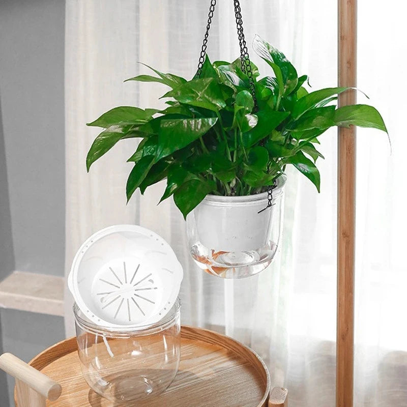 Modern Self-Watering Hanging Planter – Clear PET Plastic Indoor Flower Pot