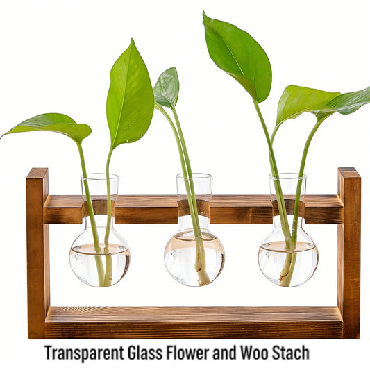 Boho Hydroponic Glass Vase & Wooden Tray - Tabletop Propagation Station