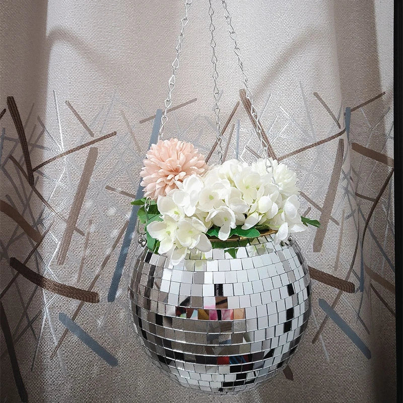 Disco Ball Hanging Planter - Boho Mirror Flower Pot for Indoor Plants