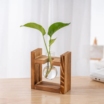 Boho Hydroponic Glass Vase & Wooden Tray - Tabletop Propagation Station