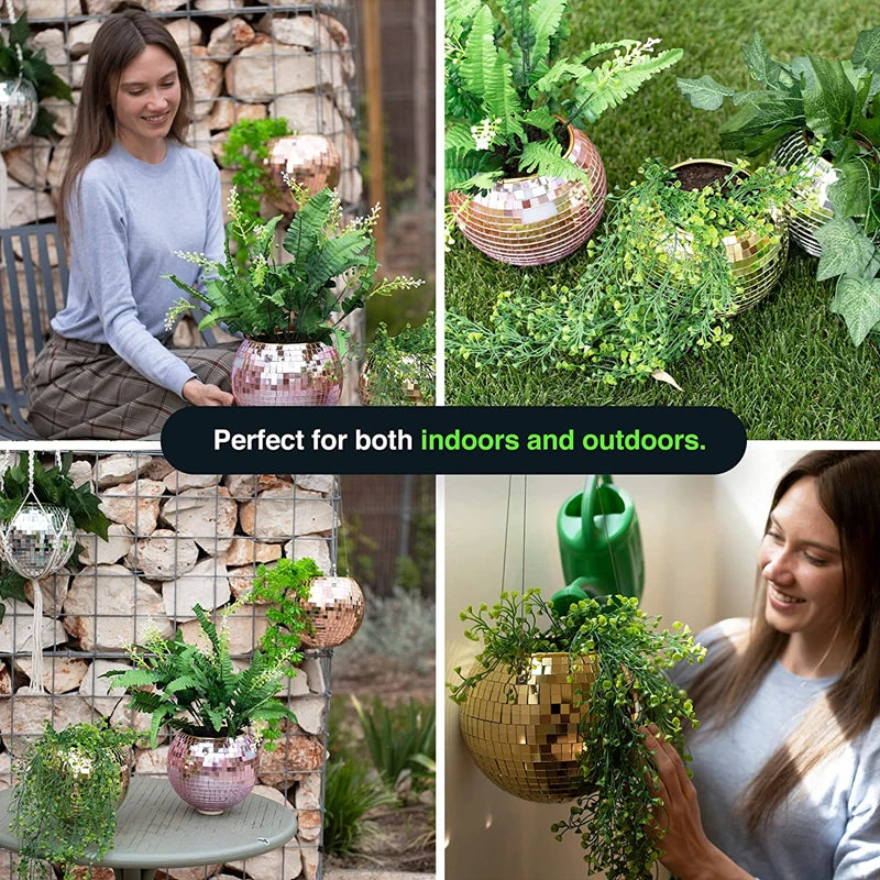 Disco Ball Hanging Planter - Boho Mirror Flower Pot for Indoor Plants