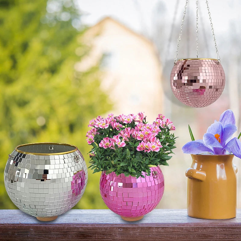 Disco Ball Hanging Planter - Boho Mirror Flower Pot for Indoor Plants