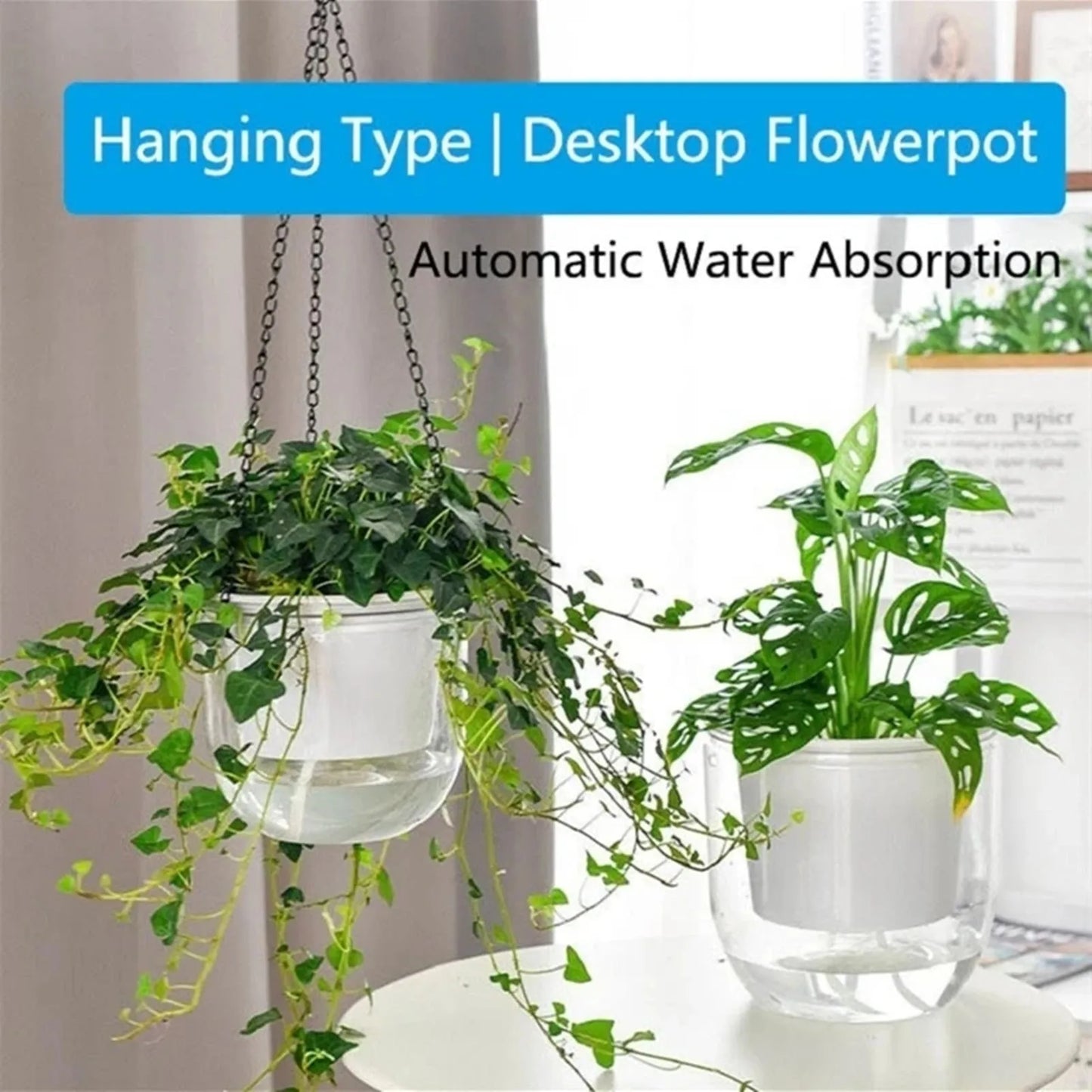 Modern Self-Watering Hanging Planter – Clear PET Plastic Indoor Flower Pot