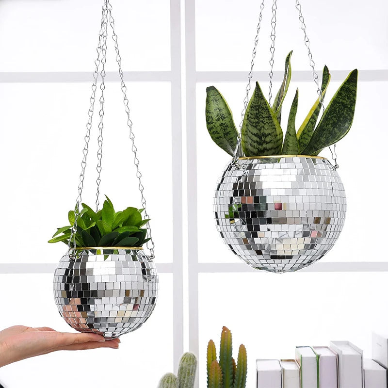 Disco Ball Hanging Planter - Boho Mirror Flower Pot for Indoor Plants