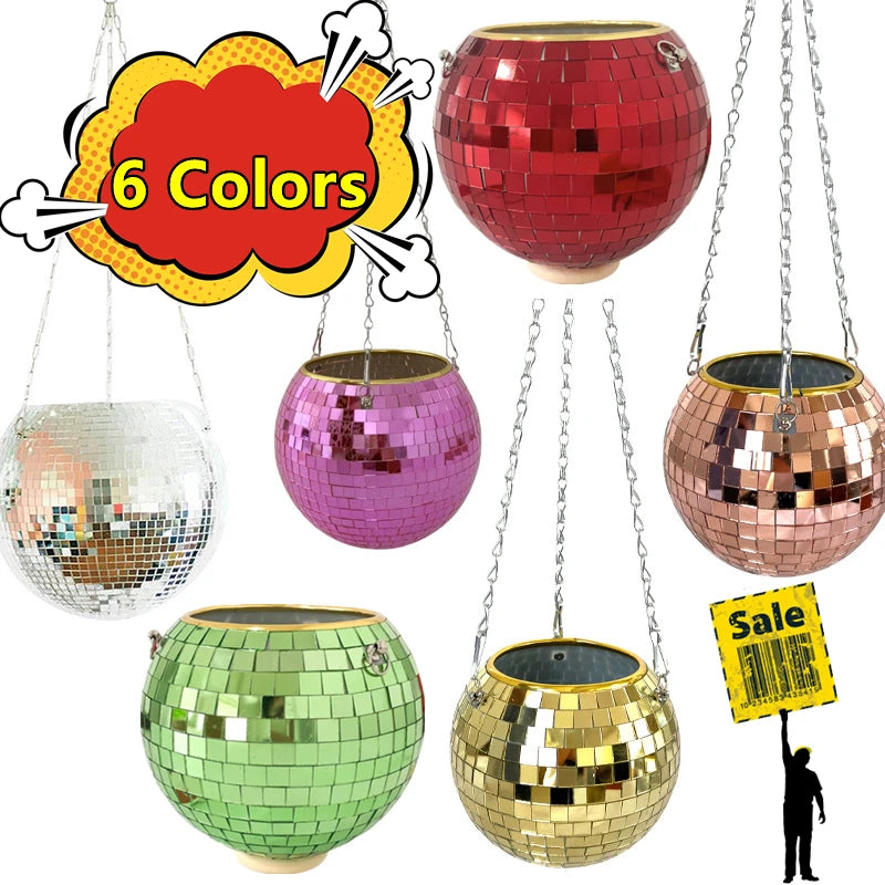 Disco Ball Hanging Planter - Boho Mirror Flower Pot for Indoor Plants