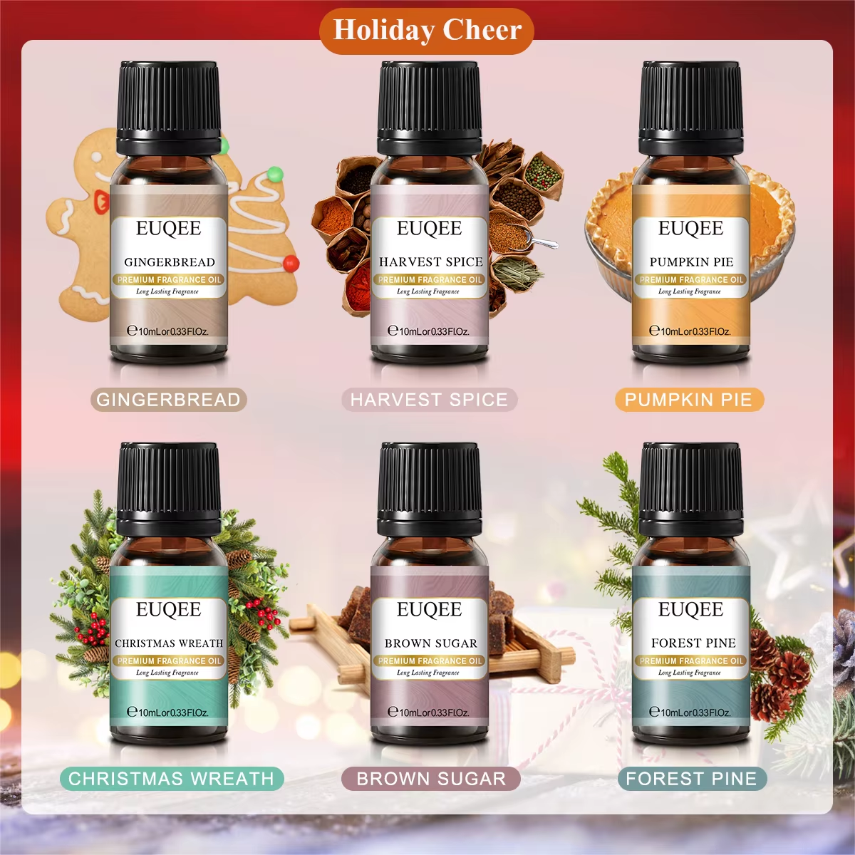 Trish n Bobs oil EUQEE 6-Piece Holiday & Nature Essential Oils Set – Festive, Spicy, and Cozy Scents for Diffusers, Soaps, and Candles