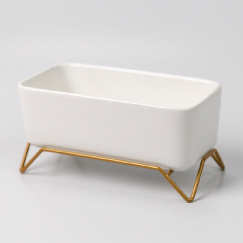 White Ceramic Flowerpot with Gold Metal Stand