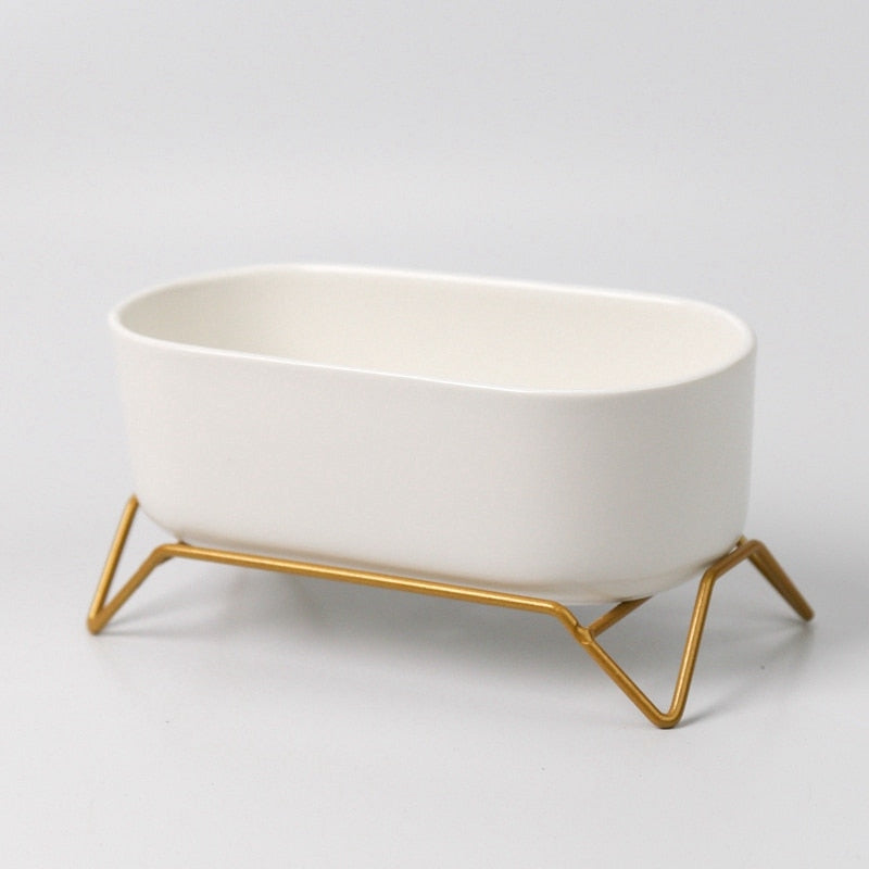 White Ceramic Flowerpot with Gold Metal Stand