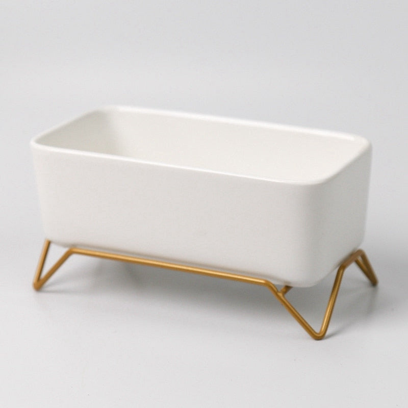 White Ceramic Flowerpot with Gold Metal Stand